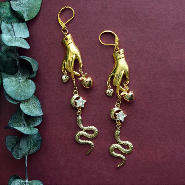 The Golden Hand And Forbidden Fruit Earrings | Golden Snake | Witchy | Gothic Jewelry | Pagan | Sun and Moon | Fantasy | Celestial