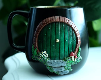 Round Door Mug | Handmade Polymer Clay | Cottagecore Gift | Fairycore | Fairy Door | Goblincore | Book Mug