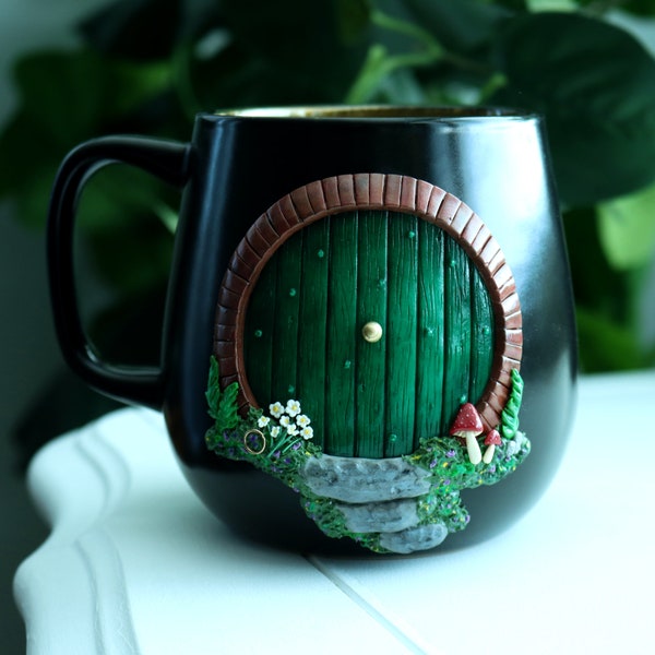 Round Door Mug | Handmade Polymer Clay | Cottagecore Gift | Fairycore | Fairy Door | Goblincore | Book Mug