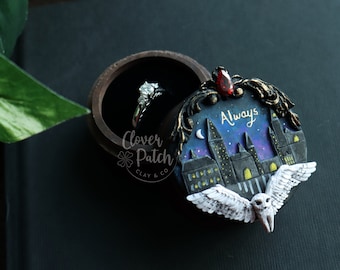 Magical Witch Wizard Engagement Wedding Ring Box, Fantasy Wedding, Polymer Clay Handmade, Bookish Cottagecore Wedding, Custom Ring Box