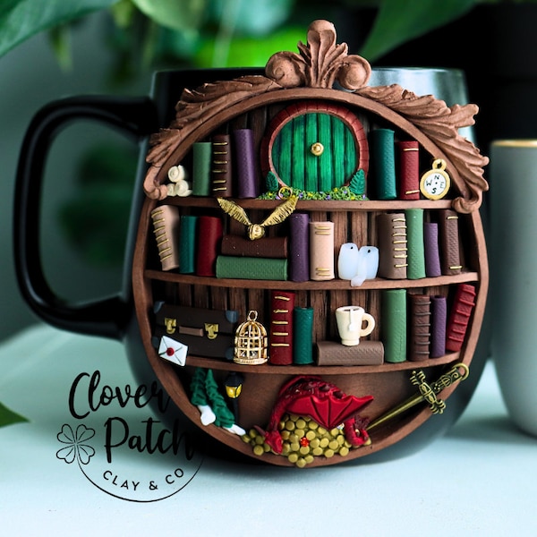 Fantasy Reader Bookshelf Mug: Hand-Sculpted Bookish Mug
