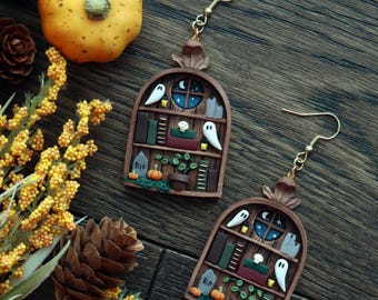 Haunted Ghost Bookshelf Earrings | Fantasy Library Earrings | Fall Autumn Earrings | Cottagecore | Fairycore Mystical Gifts | Dark Academia