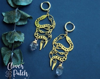 Moon phase Golden Snake Earrings | Clear Quarts | Witchy | Gothic Jewelry | Pagan | Sun and Moon | Tarot | Divination | Mystic