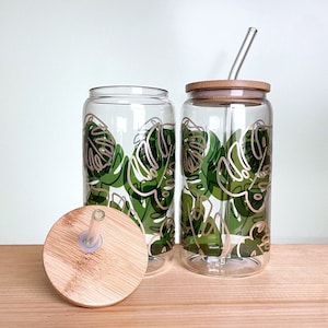 16 oz Monstera Leaves Glass Can | Sublimation and Vinyl Decal | Glass Tumbler | Bamboo Lid and Reusable Straw