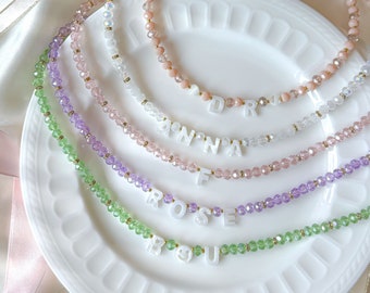 Personalized Name Necklace–Custom Baby Gift–New Mom Choker – Mother of Pearl Letter Beads – Handmade Baby Shower Jewelry–Birth Name Keepsake