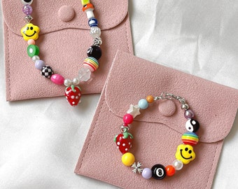 Strawberry Beaded Jewelry Set: Funky Smiley Face Necklace/Bracelet