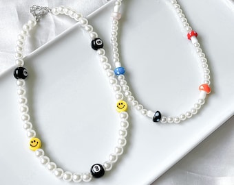 Funky mushroom smiley face pearl Necklace, cute beaded jewelry, black 8 ball bead, Seed bead choker, Kpop Style Chocker, Party favor