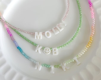 Personalized Name Bead Necklace – Custom Baby Gift – New Mom Choker – Mother of Pearl Letter Jewelry – Handmade Toddler Keepsake