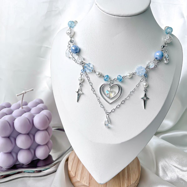 Blue Heart Beaded Necklace, Fairycore Handmade Jewelry Set, Twinkle Star, Cottagecore necklace, balletcore necklace, gift for her