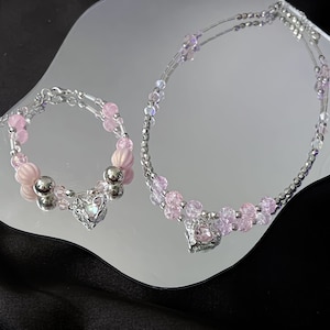 Y2K Pink Beaded Jewelry Set: Heart Pendant Necklace & Bracelet