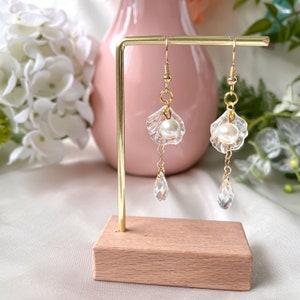 Cute Pearl Shell Drop Dangle Earrings, fairycore earrings gift, unique hoop earrings, Teardrop crystal, gift for her