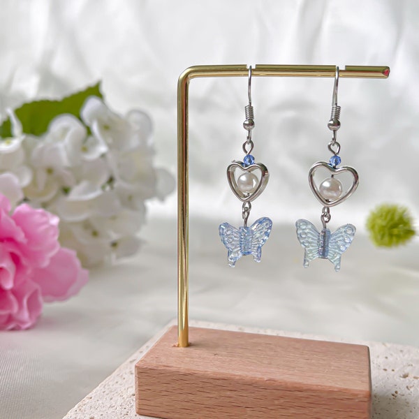 Fairycore Blue Butterfly Drop Dangle Earrings , cottagecore earrings gift,  elegant hoop earrings, pearl earrings, gift for her