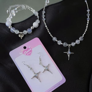 Trendy Y2K Silver Cross Jewelry set, twinkle beaded necklace/ bracelets/earring, Kpop Style, Custom necklace, gift for her