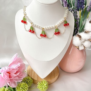 Cute Red Cherry Pearl beaded Necklace, Fairycore Jewelry with gold heart chain , Cottagecore handmade necklace, gift for her