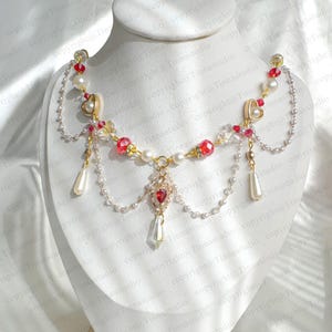 Fairycore Red Heart Necklace – Ruby Beaded Choker with Pearl Teardrop, Romantic Statement Jewelry, Handmade Gift for Her