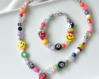 Funky Beaded Necklace: Strawberry, Mushroom, Smiley Face Charm Jewelry