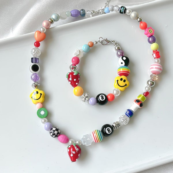 Funky Strawberry Necklace, Multiple beads trendy Jewelry Set, Fairy Mushroom Beads Charm, smiley face beads, Bieber Style, Party favor