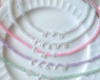 Custom Beaded Name Necklace: Mother of Pearl Letter Choker
