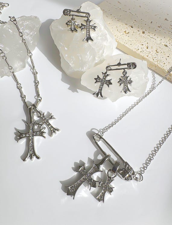 Double Cross Pendant Necklace: Stainless Steel Y2K Goth Jewelry - Etsy