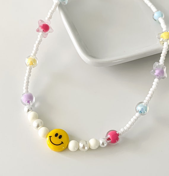 Little Girls Beaded Necklace, Personalised Name Necklace, Smiley