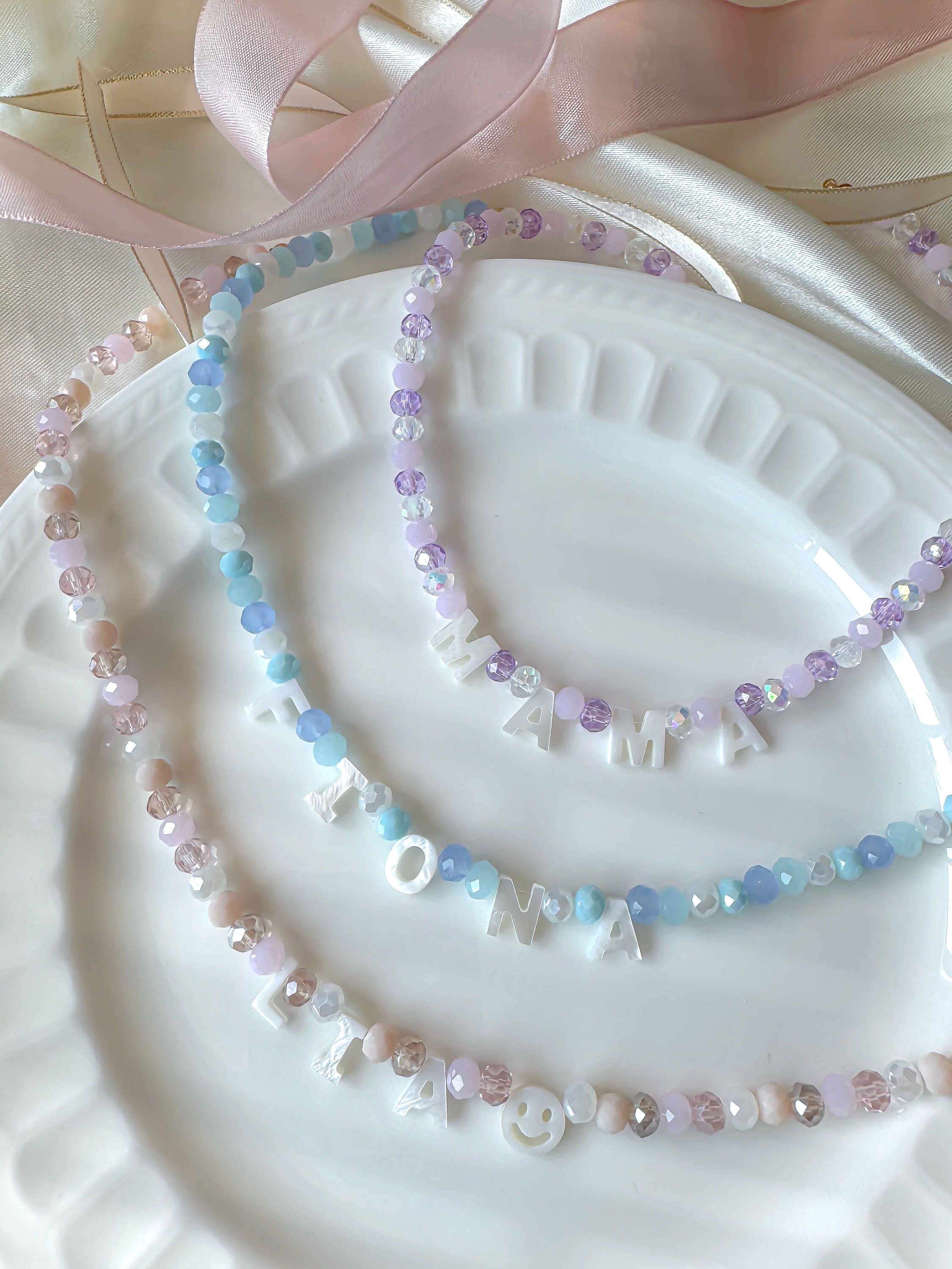 Custom Name Necklace with Mother of Pearl Letters – Crystal Bead Choker – Personalized Word Jewelry – Gifts for Kids, Moms & Bridesmaids