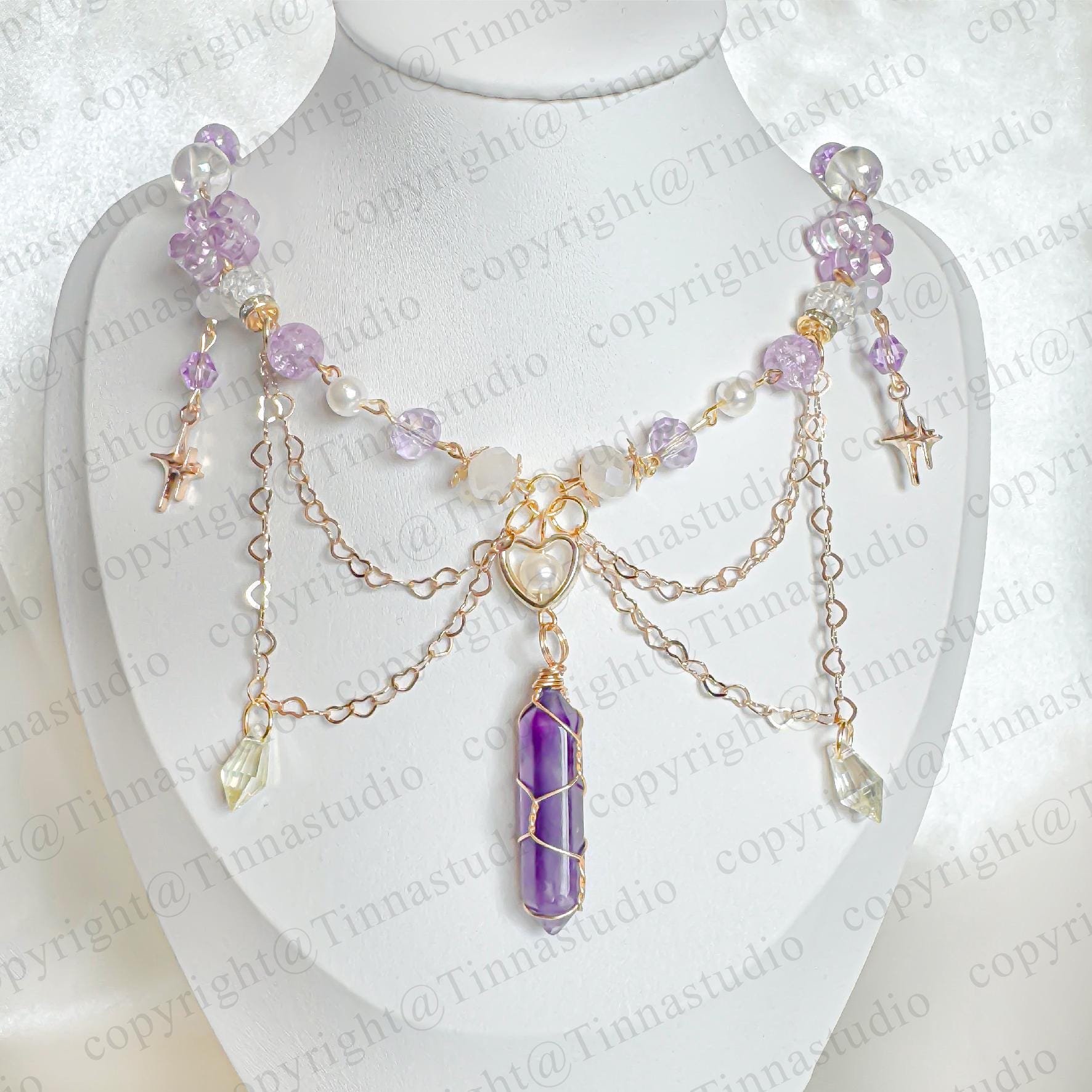 Purple Crystal Wire Wrapped Beaded Necklace, Fairycore Handmade Jewelry, Twinkle Star, balletcore necklace, gift for her, rave necklace