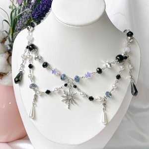 Trendy Black Silver Beaded Necklace – Y2K Fairycore Star Pendant Choker – Layered Goth Aesthetic Jewelry – Cottagecore Gift for Her