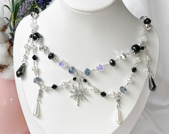 Gargantilla con colgante de estrella y cuentas: collar Fairycore Y2K de plata negra