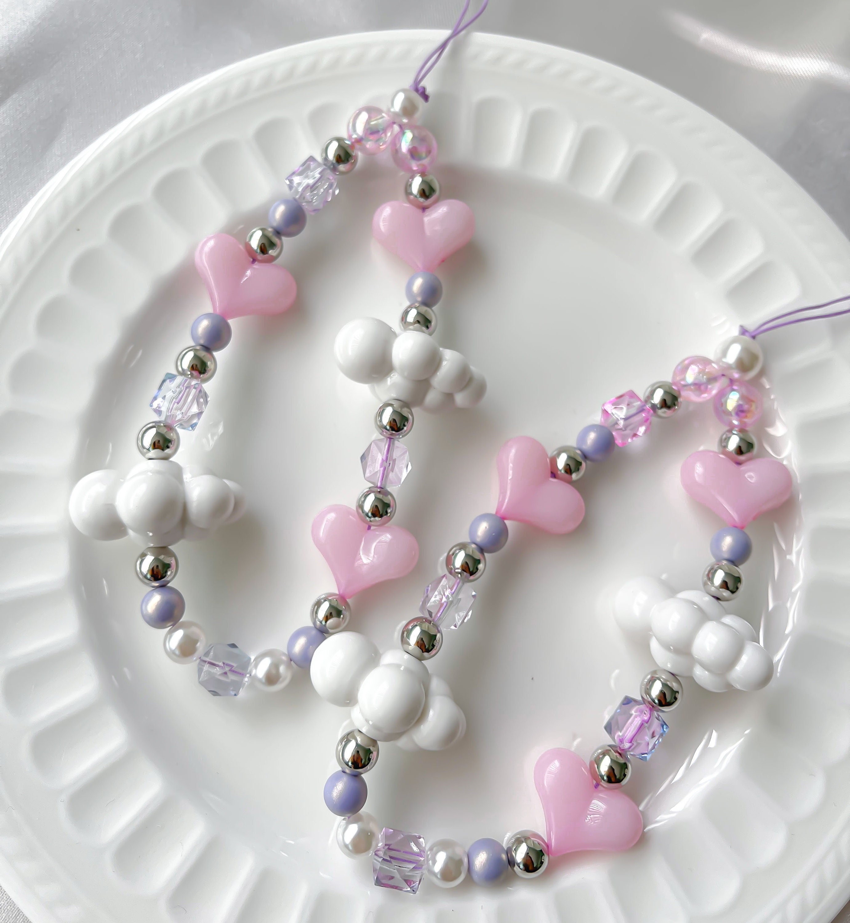 Cute Phone Charm, Kawaii Clouds Pink Heart Beaded Phone