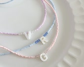 Custom Name Necklace: Mother of Pearl Letter Beads, Minimalist Collarbone Chain
