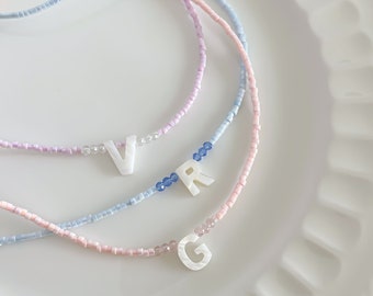 Custom Name Necklace/collarbone chain with mother of pearl shell letter beads, minimalism style, Gift for her