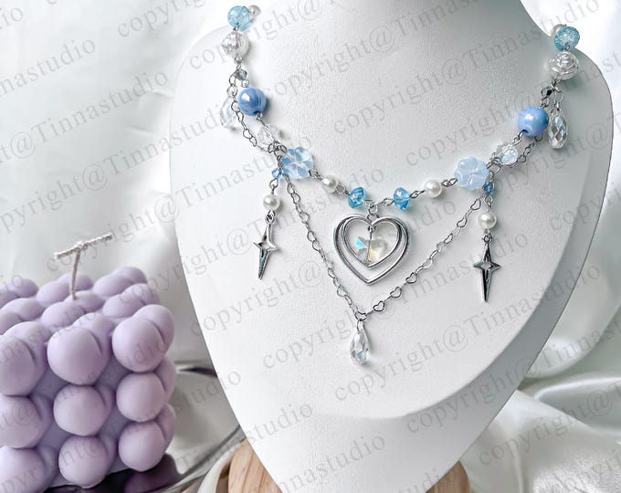 Fairycore Blue Heart Necklace Set: Beaded Star Charm Y2K Jewelry