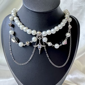 Collar de perlas Twinkle Star – Gargantilla multicapa de plata Y2K – Joya llamativa para dama de honor – Regalo de estilo Fairycore para boda y graduación