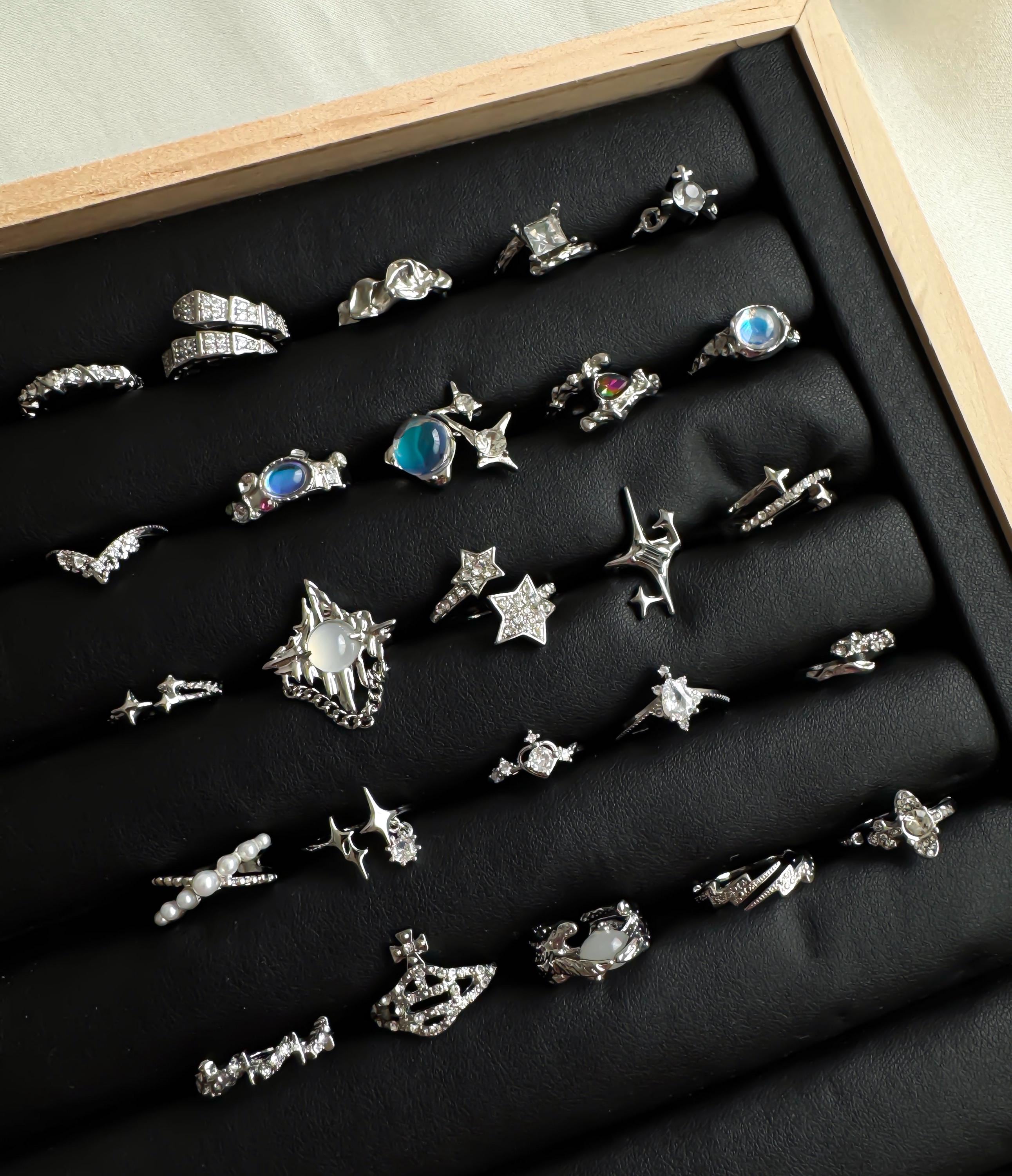 Silver Rings Y2k Y2K Celestial Silver Rings: Adjustable Star, Moon, Crystal Set - Etsy