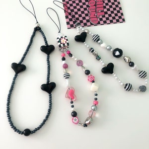 Y2K Phone Charm Strap, Black Pink White Beaded Phone Strap, kpop keychain, gift for her, party favor