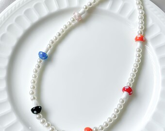 Funky Pearl Mushroom Necklace With Smiley Face, Mushroom and