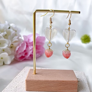 Cute Strawberry Drop Dangle Earrings, cottagecore earrings gift, unique fairycore hoop earrings, gift for her