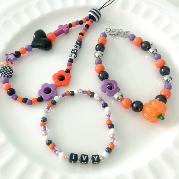 Halloween bracelets with Jelly fruit beads, Halloween cute phone charm, Custom Letter Bracelets, party favors, ship next day