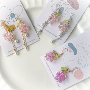 Cute beaded dangle earrings,  fairy flower earrings gift, unique hoop earrings with gold plated stainless steel hooks, gift for her