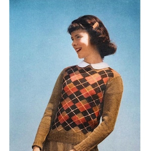 Vintage 1940s Preppy Plaid Checked Pattern Women’s Sweater and Socks Set Knitting Pattern, 30”-34” Bust, Bernat 5565, PDF Digital Download