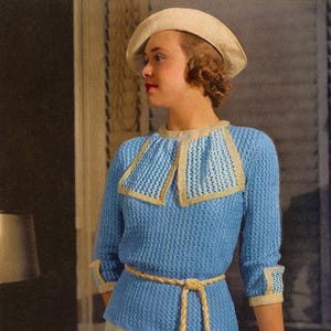 Vintage 1930s Women’s Lacey Blouse Jumper with Jabot Crochet Pattern, 34”-36” Bust, Tea Time No. 129, PDF Digital Download