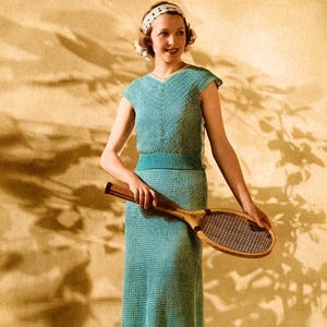 Vintage jaren 1930 damesblouserok tennisjurk set haakpatroon, buste 34-36 inch, Wimbledon nr. 154, digitale pdf-download