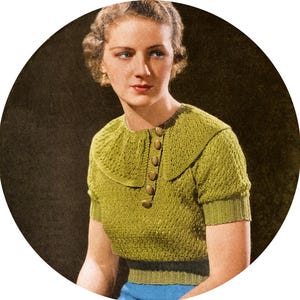 Patrón de tejido para blusa vintage de encaje con cuello y botones para mujer, años 30, busto de 86 a 91 cm, cresta ondulada n.° 130, descarga digital en PDF