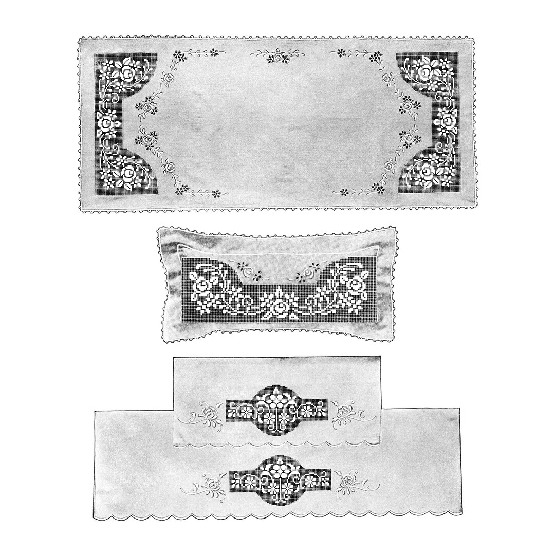 Vintage Filet Crochet Inset Patterns for Dresser Scarf, Bed Linen, and ...