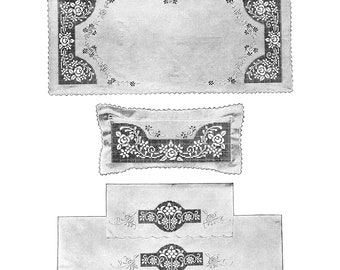 Vintage Filet Crochet Inset Patterns for Dresser Scarf, Bed Linen, and Pincushion c. 1910, PDF Digital Download