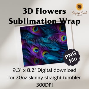 3D Tumbler Wrap 20 oz Skinny Tumbler, Peacock Feathers, Electric Colors, Seamless Design, Sublimation Design, Digital Download PNG