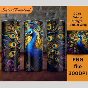3D Peacock Tumbler Wrap 20 oz Skinny Tumbler, Beautiful Feathers, Straight Tumbler Wrap, Sublimation Design, Digital Download PNG