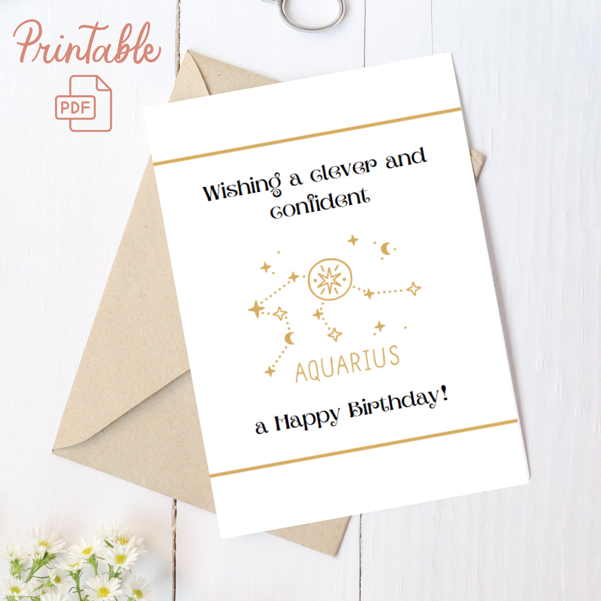 Aquarius Birthday Card, Zodiac Sign, Digital Download, Printable PDF - Etsy
