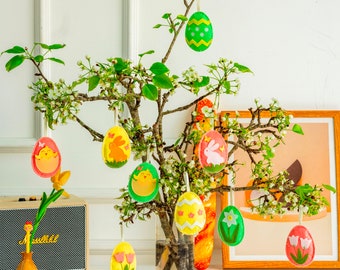 Handsewn Easter Eggs, Set of 9, Puffy Felt Eggs, Handmade Easter Decoration, Handstitched Spring Garden Ornaments, Flower Bunny Chicken Eggs