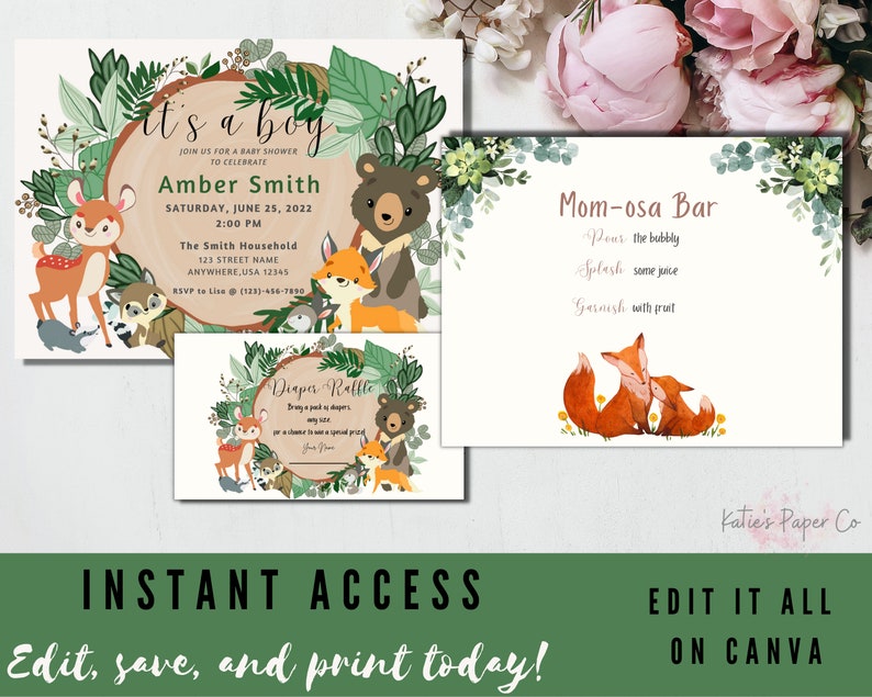 Editable Woodland Baby Shower Invitation Bundle Forest Etsy
